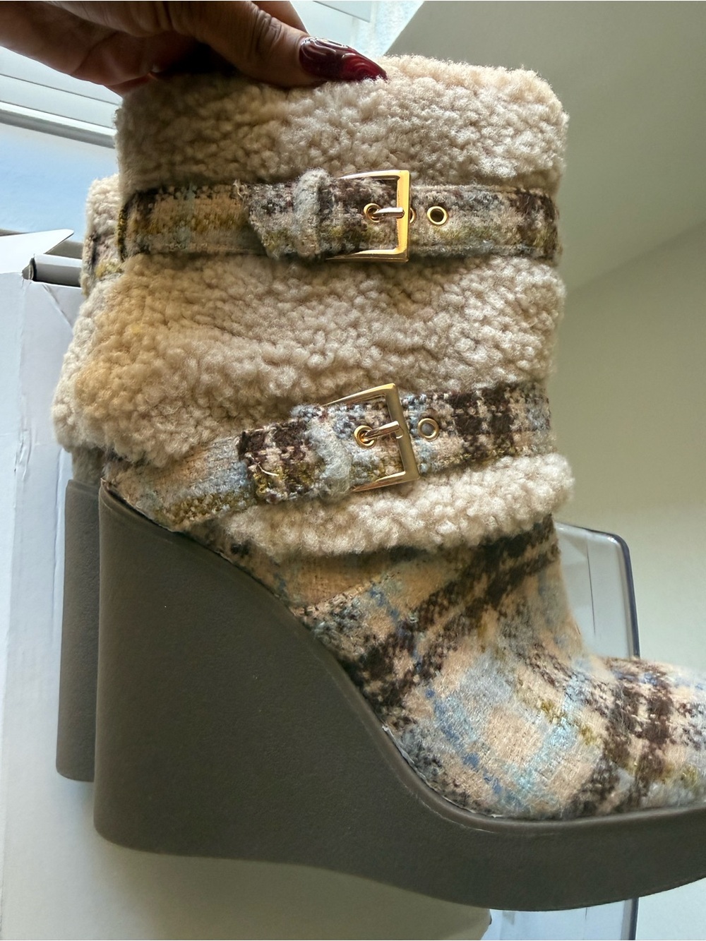 Jessica Simpson Plaid Shearling Wedge Booties with Gold Buckles